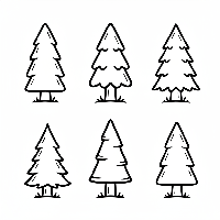 A black-and-white line art illustration showing six tall green trees in a forest, for learning to count the number 6.