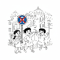 Black and white line art of children identifying an Indian u-turn prohibited sign as part of a road game.