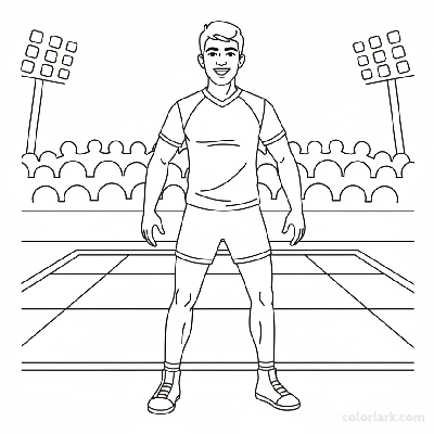 Black and white line art of an Indian Kabaddi player with a confident smile, chanting 'Kabaddi Kabaddi'.
