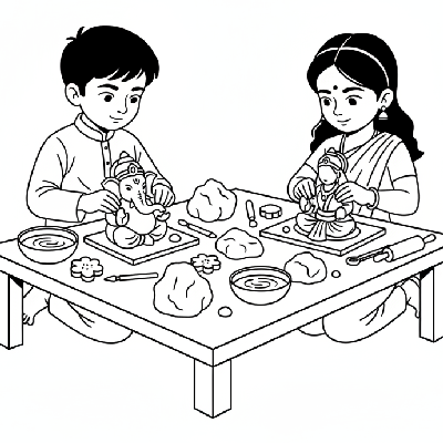 Young children crafting simple Ganesha and Lakshmi idols from clay for Diwali puja, focused and respectful, line art