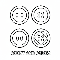 A black-and-white line art illustration showing four round blue buttons, ideal for a number 4 counting and coloring activity.