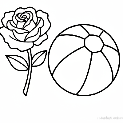 Simple rose and ball outline coloring page for playful kids, black and white line art, easy flower and toy ball.