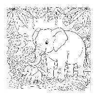 Baby elephant splashing in river with mom coloring page