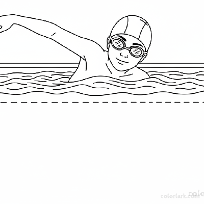 Black and white line art of a child practicing long-distance freestyle swim in a pool, wearing a swim cap and goggles.