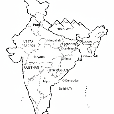 Line art coloring map of North Indian states including Uttar Pradesh, Punjab, Haryana, Rajasthan, Himachal Pradesh, Uttarakhand, and Delhi.