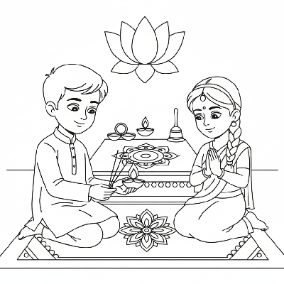 Children carefully and safely lighting incense sticks for a peaceful Diwali puja ceremony, focused and respectful, line art