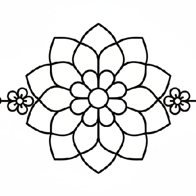 Black and white line art of a layered petal flower Rakhi with concentric petal layers and smaller floral outlines for elegant coloring.