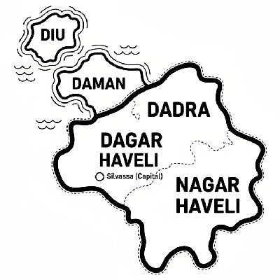Line art coloring map of Dadra & Nagar Haveli and Daman & Diu Union Territory, showing its separate regions.