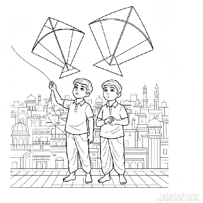 Line art of Indian boys with kites against a grey Indian city backdrop, suitable for coloring.