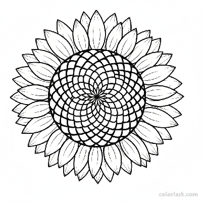 Black and white line art, close-up of a stylized sunflower head showing seed patterns