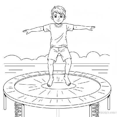 Black and white line art of a boy landing perfectly on both feet after a trampoline bounce at a kids fitness center.