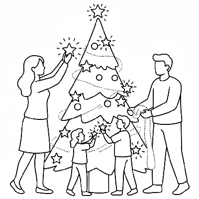 Line art of a family decorating a Christmas tree with sparkly star-shaped lights and glitter garland.