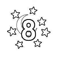 Black and white line art coloring page featuring eight stars with the number 8.
