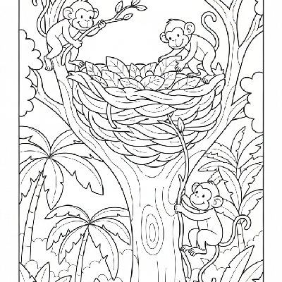 Black and white line art of monkeys building a nest in a tall jungle tree in India