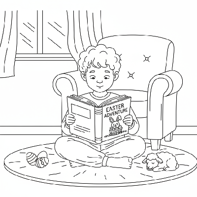 Black and white line art of a child sitting comfortably and engrossed in reading an Easter storybook.