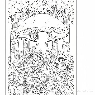 Black and white line art of a large mushroom providing a cozy home for a small snail, surrounded by fallen leaves and moss, for coloring.