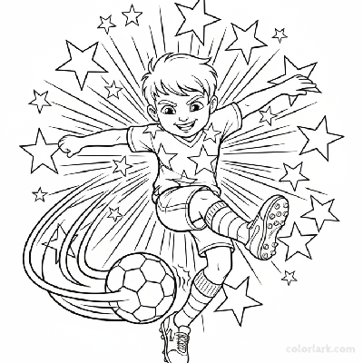 Line art of a little football star making a power kick.