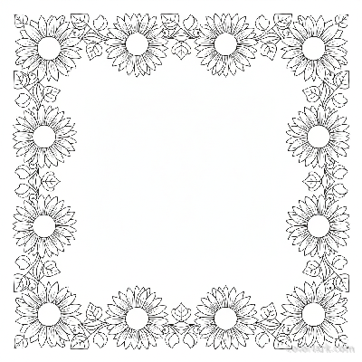 Black and white line art of a repeating sunflower border pattern for crafts