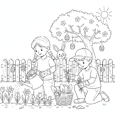 Black and white line art of two children diligently helping in an Easter garden, watering flowers and pulling weeds.