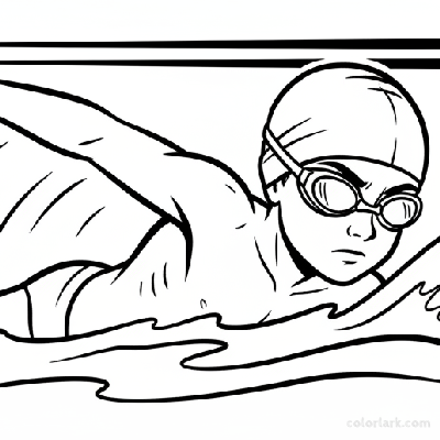 Black and white line art of a child swimming freestyle like a champion in a pool, wearing a swim cap and goggles.