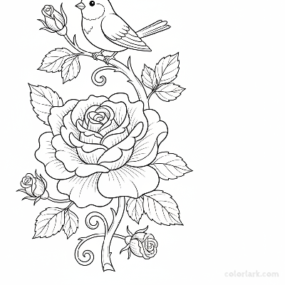 Black and white line art of a blooming rose with a small bird perched on its stem or a nearby branch