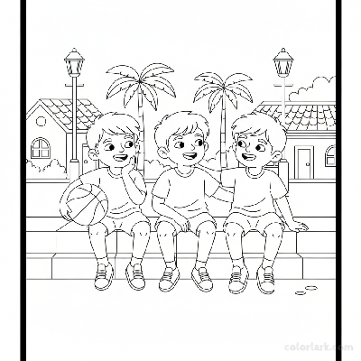 Line art of Indian children resting on a street after a basketball game, smiling and being comforted by a friend.