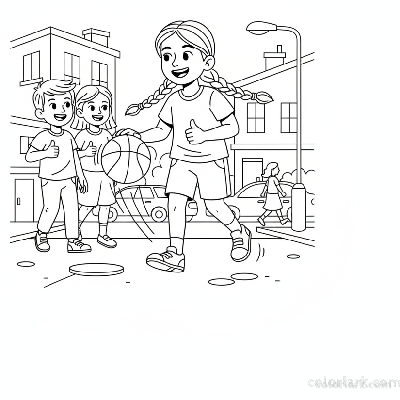 Line art of a happy little Indian girl dribbling a basketball on a street, with friends giving thumbs-up.