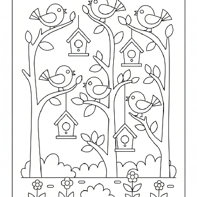 Black and white line art of a bird sanctuary scene with birds and birdhouses, all composed of circles, squares, and triangles for shape recognition.