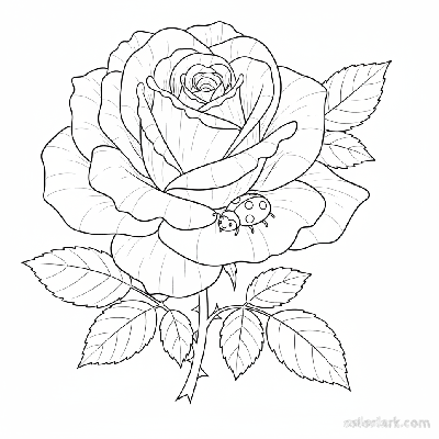 Black and white line art of a blooming rose with a small, friendly ladybug crawling on a petal