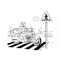 Black and white line art of an Indian motorcycle rider cautiously approaching an Indian pedestrian crossing warning sign.