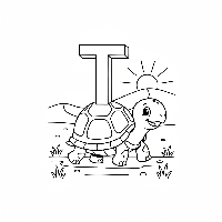 Black and white line art of a slow turtle carrying the letter T on its shell.