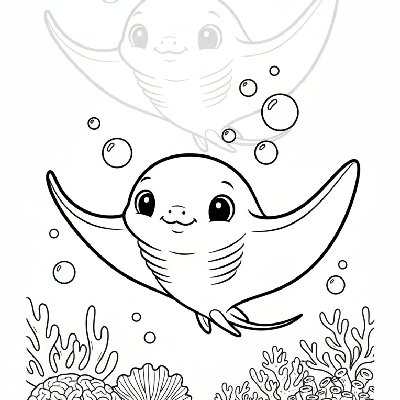 Black and white line art of an adorable baby manta ray exploring the ocean depths with bubbles, ready for coloring.