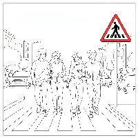 Black and white line art of a group of friends using a pedestrian crossing near an Indian pedestrian crossing warning sign.