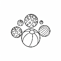 A black-and-white line art illustration showing five colorful bouncy balls, ideal for a number 5 counting and coloring activity.