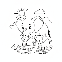 Mother elephant teaching baby elephant how to test ground firmness coloring page.