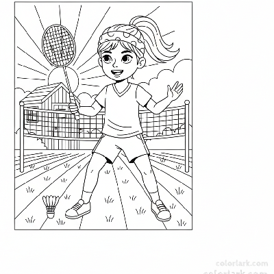 Line art of a girl with a badminton racket and headband, ready to play.