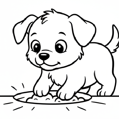 Black and white line art of a playful puppy digging a tiny hole, an easy coloring page for Indian toddlers.