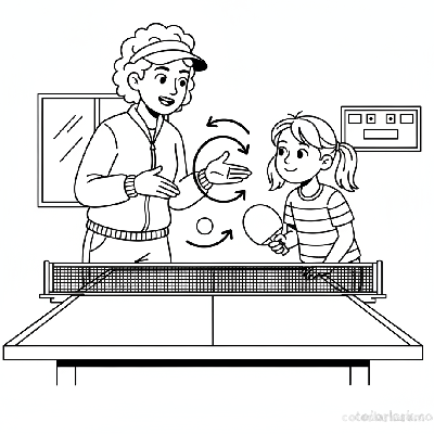 Black and white line art of a coach explaining sidespin table tennis serve using hand gestures to a young girl.