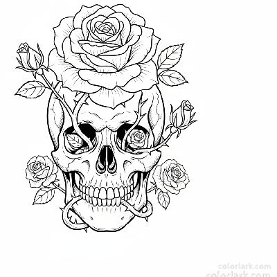 Black and white line art combining a blooming rose with a human skull, creating a gothic romance theme