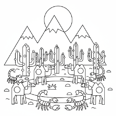Black and white line art of a desert oasis habitat with camels, scorpions, and cacti, all composed of circles, squares, and triangles for shape recognition.