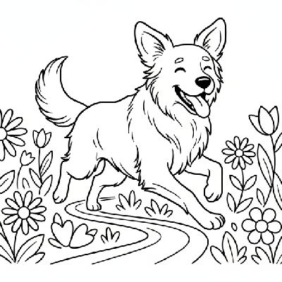 A black and white line art drawing of a joyful dog galloping along a garden path, suitable for coloring by children in India.