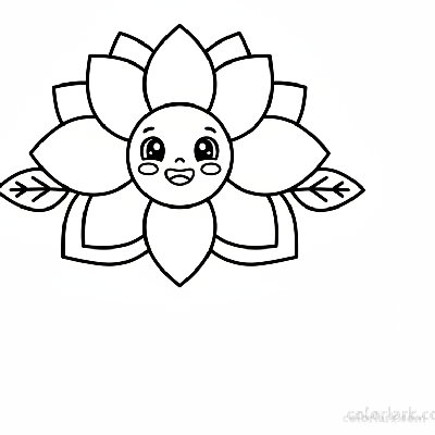 Black and white line art of a cute cartoon lotus flower with a happy smiling face.