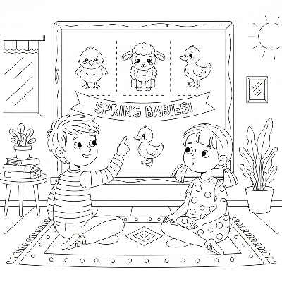 Black and white line art of two children learning about spring baby animals like chicks and lambs from a chart.
