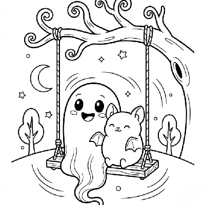 Black and white line art of a happy ghost and bat sharing a cozy swing under a bare tree, Halloween coloring page.