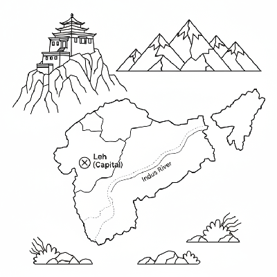Line art coloring map of Ladakh Union Territory, featuring Buddhist monasteries, Himalayan mountains, and Leh.