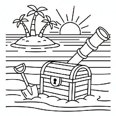 Black and white line art of a lost treasure island scene with a chest, shovel, and spyglass, all composed of circles, squares, and triangles for shape recognition.