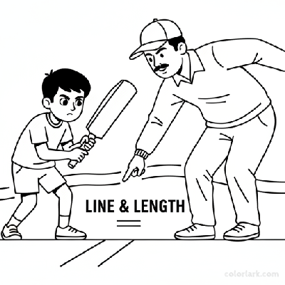 Little Indian cricketer learning how to pick the line and length of ball with coach, black and white line art.