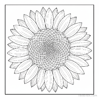 Detailed black and white line art showing close-up of sunflower petals and seed patterns