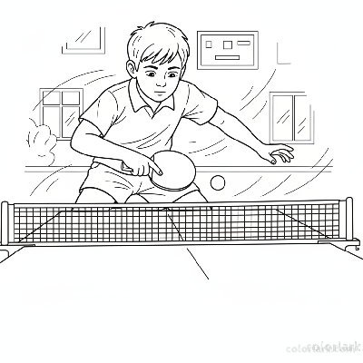 Line art of an energetic child performing a forehand drop volley in table tennis.