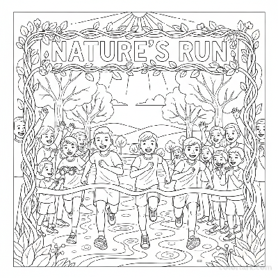 Line art of kids sprinting on a park path to an outdoor running event finish line with a cheering crowd